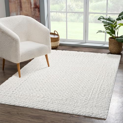 carpet city Teppich Wohnzimmer Hochflor Creme - 80x150 cm - Hochtief-Muster, 3D-Effekt Bordüre - Bettvorleger Schlafzimmer Teppiche Boho, Skandi