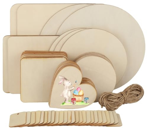 65 Stück Unbehandeltes Holzplatte zum Basteln, Rund Quadratische Herzförmiger Holzscheiben Rohlinge, Brandmalerei Malerei Schreiben Beizen Holzplatte Set, für DIY Handwerk, Partydekoration