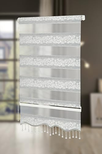 PlisseeOnline Doppelrollo Klemmfix ohne Bohren Grau Silber mit Muster und Perlen Duo Rollo für Fenster und Türen Plissee Rollo Gardine 100 x 150 cm Blickdicht Klemmrollo mit Perlen Seitenzugrollo