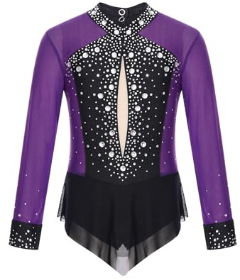 JEATHA Leotardo Brillantes Para Niñas Traje Con Falda De Tul Manga Larga Maillot De Patinaje Artístico Gimnasia Rítmica Body De Bailarina Actuacion Morado 9-10 años