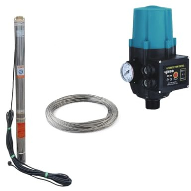 Tiefbrunnenpumpe Set IBO 3,5 SDM 3-11 Tiefbrunnenpumpe 800W | Druckschalter SK-15 Pumpensteuerung | Ablassseil 30 Meter | 105 l/Min. 63M Förderhöhe | 20 Meter Kabel
