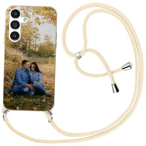 DCPPCY Personalisierte Handyhülle mit Handykette für Samsung Galaxy S22 5G–Selbst gestalten mit eigenem Foto oder Text–Individuelle Silikonhülle in Beige,stoßfest–Einzigartiges Design