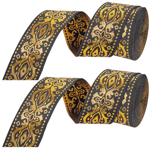 GORGECRAFT 14MX 3.3cm Nastro Jacquard Metallico Oro Etnico Ricamato Raso Rotolo Doppio Lato Boho Tessuto Floreale Cucito Tessitura Avvolgimento Frangia per Artigianato Fai Da Te per Tende di Casa