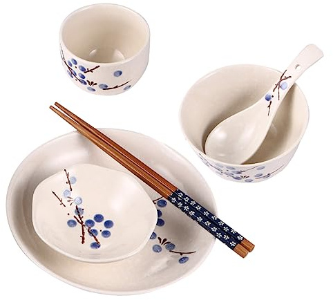 Amosfun Japanese Ceramic Tableware for One Featuring Dinnerware Place Setting Plates Bowls Chopsticks and Spoon for Everyday Dining and Japanese Style Home Use