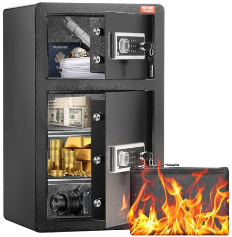 VEVOR Doppeltüriger Safe 127,4 l Schlüsselschloss und Passwort, feuerfeste Tasche, Schlüsselanhänger, LED-Licht, 2 verstellbare Trennwände für Geld, Dokumente, Schmuck, Schwarz