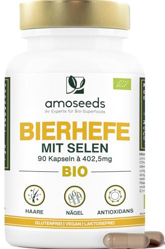 BIO-Bierhefe | Haare und Nägel | Lebendhefe, 1200mg / Tag, Glutenfrei | Angereichert mit Selen | 90 vegane Kapseln | Spitzenqualität