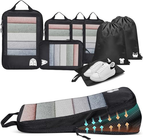 8 Teilige Compression Packing Cubes, Koffer Organizer Kompression PackwüRfel Packtaschen FüR Backpack Rucksack Reisen Organizer Schwarz