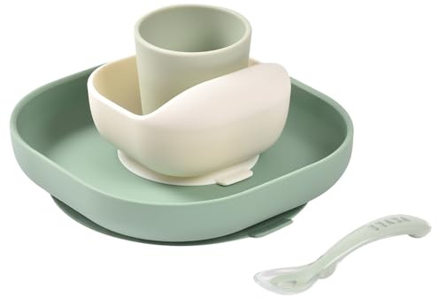 BÉABA, Set Pappa In Silicone Per Bambini, Con Ventosa, Antiscivolo, 4 Pezzi, Piatto + Ciotola + Bicchiere + Cucchiaio, Silicone Sicuro E Resistente, Adatto Alla Lavastoviglie e al Microonde, Verde