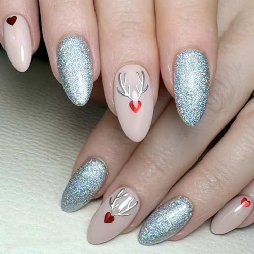 XAGMODSHN Faux ongles de Noël à presser en forme d'amande - Couverture complète - Pour femme