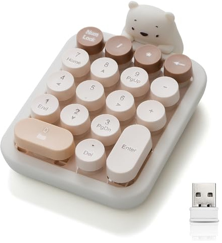Wireless Number Keypad with Cute Silicone Bear, 18 Colorful Round Keys Numpad, 2.4G USB Wireless Connection, Portable Financial Accounting Numeric Keyboard, Suitable for PC, Laptop (MilkTea)