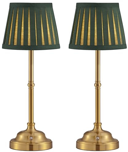 NEWSEE Touch Rechargeable Cordless Table Lamp, Portable Dimmable LED Retro Bedside Light, 4000mAh Battery Powered, Suitable for Indoor, Outdoor, bar,Camping (Bronze + Green Lampshde (2 Pack))