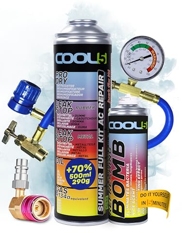COOL5 recharge gaz de remplacement r134a, réfrigérant de remplacement r134a pour climatisation automobile - 1 boîte 5en1, 290 g + tuyau de mesure + rafraîchisseur + adaptateur LP HP + APC 500ml