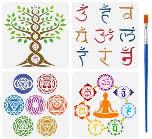 FINGERINSPIRE 4 Stück Schablonen Mit Religiösen Themen Und Pinsel 30x30cm Chakra Symbole Malschablonen Yoga Musterschablonen PET Lebensbaum Schablonen Symbole Vorlage Für Holz Wand Und Boden
