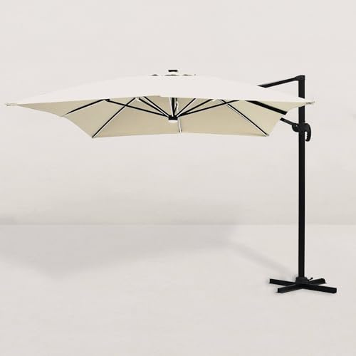 JJ. Sombrilla cuadrada Juan LED 300 x 400 cm. Dimensiones 3 x 4 m: superficie muy grande, apertura con manivela, inclinación y rotación a 360 °C. Lona profesional 240 g/m2 reforzada, beige, 300 x 400
