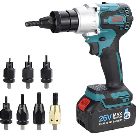 MObyat Remachadora inalámbrica, Pistola eléctrica de 26 V para Tuercas con Cabezal M3, M4, M5, M6, M8, M10 y M12, perforación automática y Manual para Tuercas de Acero Inoxidable