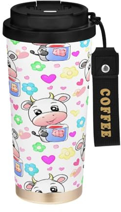 JUMBEAR Taza de viaje con aislamiento al vacío con diseño de vacas de dibujos animados, tazas de café reutilizables de viaje, taza de café de acero inoxidable de doble pared a prueba de fugas con tapa