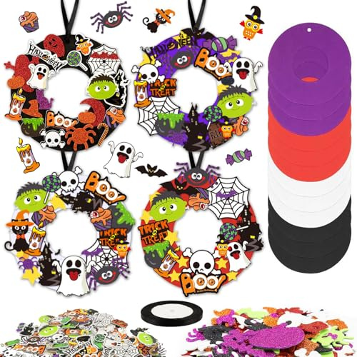 Forbabe Halloween Party Kranz Deko Basteln 8 Stück Kranz Bastelset | Türkranz Kreativ Set Halloween Türdeko Aufkleber DIY Schaumstoff Sticker Girlande