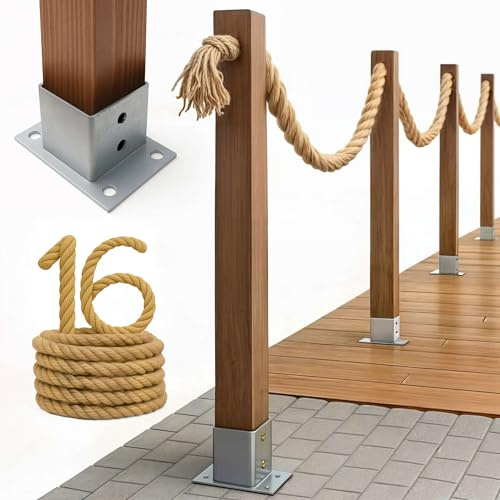 Kit de Clôture Nautique en Corde de Style Marin - Garde-Corps de Jardin avec Poteaux et Ancrages à Visser - Longueur 16m, Hauteur 1m - Coloris Naturel et Anthracite