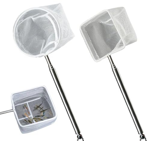 1 square and 1 circular fish nets with retractable stainless handles for aquariums & small ponds.