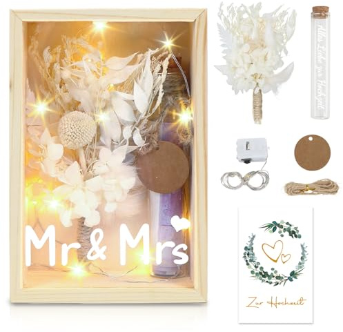 Geldgeschenk Hochzeit, Mr & Mrs Hochzeitsgeschenk für Brautpaare, Geschenk Hochzeit Geld für Brautpaar, Geldgeschenke mit Trockenblumen Holzbox Reagenzglas, Verlobung, Hochzeitstag, Wedding Gift