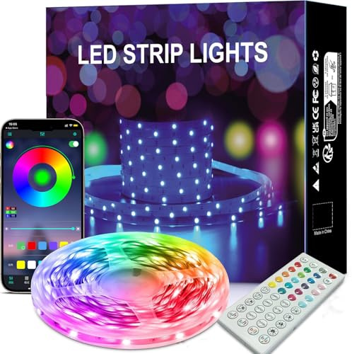 Striscia LED 15M, nastro LED Bluetooth Smart autoadesivo con telecomando e APP, sincronizzazione musicale, impostazione timer, tagliabile, catena luminosa LED per decorazioni di feste in camera