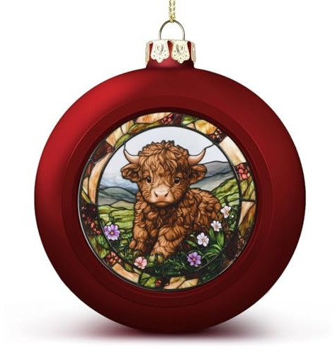 Buntglas-Weihnachtskugel, Motiv: Hochlandrinder, Kuh, Blume, bruchsicher, hängende Weihnachtskugeln für Weihnachtsbaum, Dekoration, rote Weihnachtsbaumkugeln für Urlaub, Hochzeit, Party