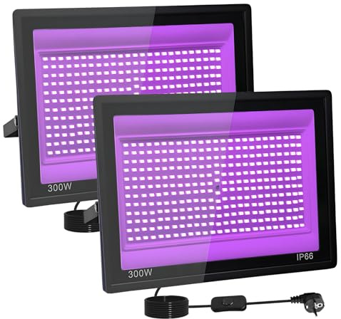 2 Pièces 300W Lumiere Noire LED, IP66 Etanche Projecteur lumière noire UV, 395-400 nm Projecteur lumière noire Avec interrupteur pour fête lumineuse, Halloween, Body Painting, Bar, Aquarium, Halloween