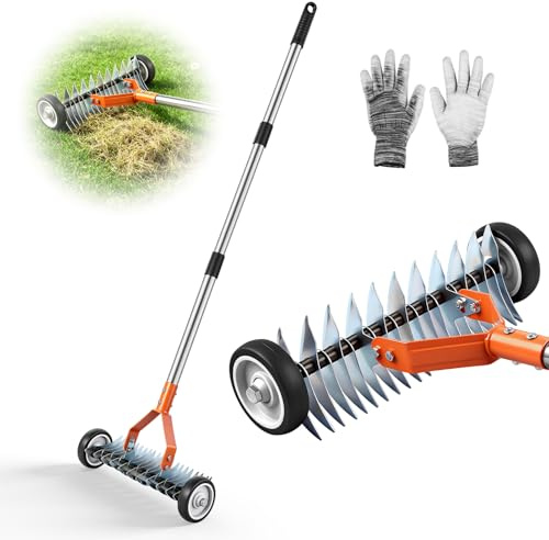 wowspeed Escarificador Manual con Ruedas, Scarificateur Gazon Manuel, Mango Telescópico Extensible 1,66m, Rastrillo de Escarificación Ajustable, Aireador de Césped para Deshierba, Aflojar el Suelo