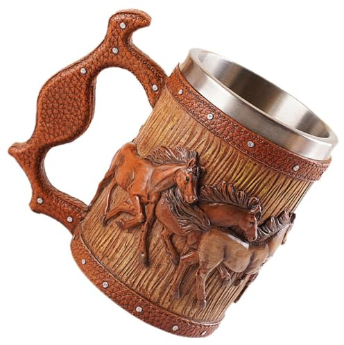 Lurrose Chope à Bière Baril Vintage en Résine, Tasse Viking Motif Cheval, Grosse Capacité, Gobelet Robuste Antidérapant pour Bar, Tasse Créative pour Bière et Boisson Gazeuse