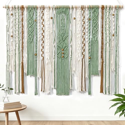 ZYUQFAN 98x75cm Gran tapiz de pared de macramé, tapiz bohemio Verde claro