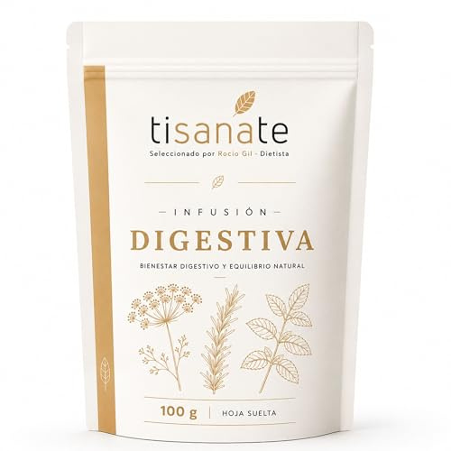 Infusión Digestiva 100 g | Hinojo, Comino, Menta y Manzanilla | Tisanate | Hoja Suelta | Mezcla de 9 Plantas | Sabor Herbal y Aromático | Más de 40 Tazas
