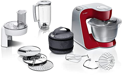 Bosch Küchenmaschine Serie 4 MUM58720,Edelstahl-Schüssel 3,9 L, Mixer 1,25 L, Planetenrührwerk,Knethaken,Schlag,Rührbesen, Durchlaufschnitzler, 3 Scheiben, 1000 W, Dunkelrot/Silber