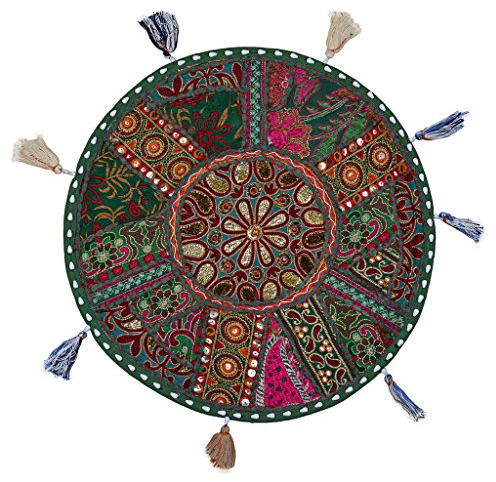 Stylo Culture Indian Round Floor Cushion For Kids Throw Pillow Cover Dark Green 45 x 45cm Patchwork Vintage Boho Elegant 18 Inch Living Room Cotton Embroidered Sitting Furniture Cover