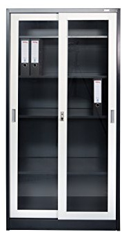 Jet-Line® | Aktenschrank | St. Petersburg | dunkelgrau - weiß | Büroschrank | Schiebetüren aus Glas | abschließbar | Fachböden | Lager | Büroraum | Werkstatt | 90 x 40 x 185 cm