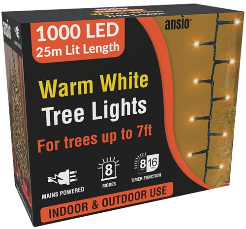 ANSIO® Christmas Lights 1000 LED 25m/82ft Cluster Compact Christmas Tree Lights for Indoor & Outdoor Warm White Decorations Fairy Lights with Timer