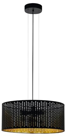 EGLO Pendelleuchte Varillas, 3 flammige Hängelampe, Hängeleuchte aus Stahl und Textil in Schwarz, Gold, Esstischlampe, Wohnzimmerlampe hängend mit E27 Fassung, Ø 53 cm