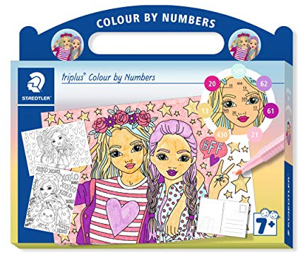 STAEDTLER triplus Malen nach Zahlen Set Fashion, mit Filzstiften, Finelinern, Postkarten und nummerierten Farbanleitungen, 34 CBN03 | Malen nach Zahlen mit 3 Postkarten – ergonomischer Dreikant-Fineliner – Art.-Nr. 34 CBN03