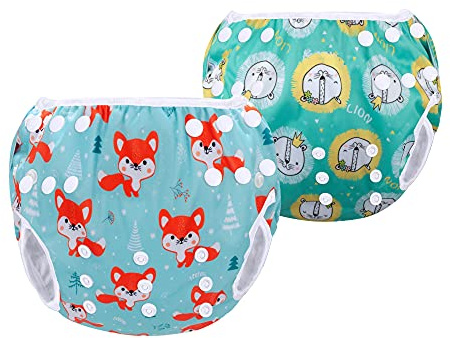 Luxja Riutilizzabile Pannolini da Nuoto (Confezione da 2), Impermeabile Pannolino Piscina, Costume Pannolino Neonato (0-3 Anni), Volpe + Leone