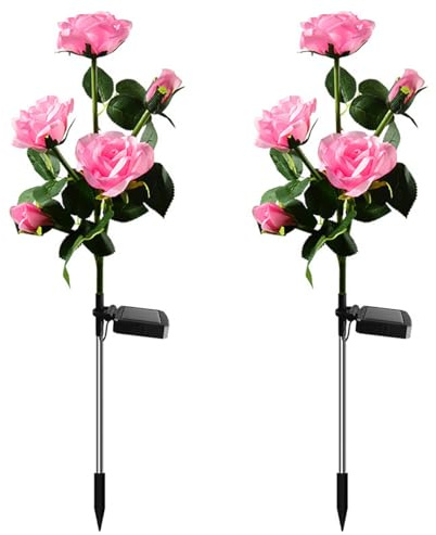 Aolyty 2 Pcs LED Solar Garden Rose Lights (Pink) | Decorative IP65 Waterproof Stake Light, 5 Flowers Outdoor Artificial Ornaments for Grave Patio Pathway