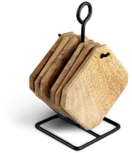 Novaliv Juego de 6 posavasos de madera con soporte/posavasos de madera 11,5 x 11,5 x 11,5 x 1 cm/posavasos de madera para vasos, café, cerveza, vino, botellas de cristal, casa y bar