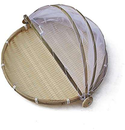 URFEDA Cloche Alimentaire Rond en Bambou Plateau de Service Alimentaire avec Moustiquaire Anti-Insectes Anti-poussière Plateaux Alimentaires Rond Paniers en Rotin Tressé pour Légumes, Fruits, Pain