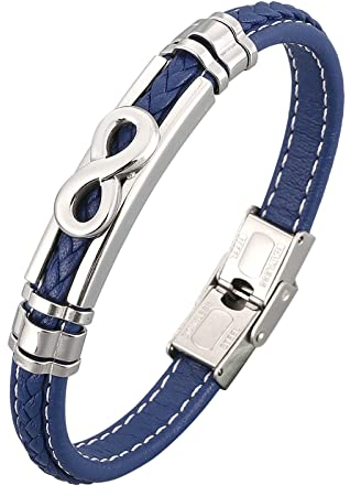 Ayoiow Männer Armband Indianer, Männer Armband Edelstahl Armband Leder Schwarz Blau Armband mit Silber Schnalle