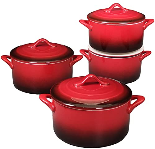 JINSONGDAFA Ceramic Mini Cocotte Set, 17.7 Ounces Small Casserole Dishes with Lids and Handles, Individual Baking Ramekins, Oven, Microwave & Dishwasher Safe (Inner white outer gradient Red glaze)