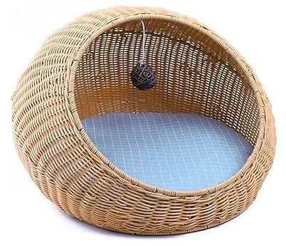 Beruhigendes Katzenbett Rattan-Haustierbett, Süßes Katzennest, Geschlossenes Katzenkissenbett, Warm Halten, Haustier-Katzenbett, Handgewebtes Katzen- Und Hundebett Mit Kissen, Waschbar Haustierbett (