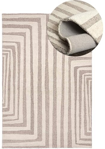 Mazovia Groß Teppich Wohnzimmer 200x300cm Creme Geometrisch Skandinavisch | Teppich für Schlafzimmer Büro Esszimmer Beige Exklusiv Recycelt 100% Wolle Nachhaltig Handgewebt Mittelflor Umweltbewusst