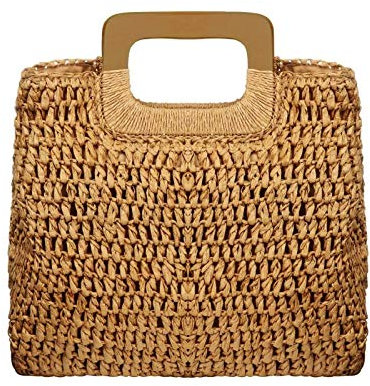 qiqiaollo Strohtasche mit Holzgriff für Damen, gewebter Hobo-Handtasche, Sommer, Strand, 67, braun, Einheitsgröße, 77997