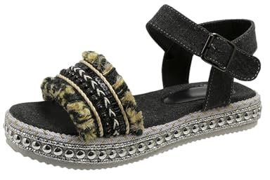 Zehenring-Sandalen für Damen, mit Fußgewölbeunterstützung, leger, seitlicher hohler Gürtelschnalle, flache römische Schuhe, Sommermode, Damen-Sandalen, bequeme Sandalen für Damen, Größe 45, Schwarz ,