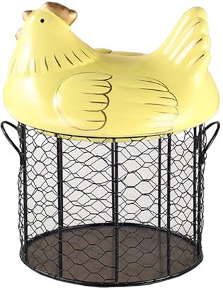 MISNODE Metal Mesh Wire Egg Storage Basket With Ceramic Chicken Shaped Top Lid Holds About 50 Eggs,Egg Basket For Gathering Fresh Eggs,Organizer Case For Kitchen, Countertop (Yellow)