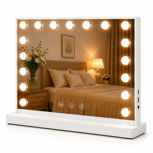 Teousev Schminktischspiegel mit Beleuchtung, 60×52 cm Hollywood-Spiegel | 3 Lichtfarben · Stufenlos dimmbar · USB & USB-C · Wand- oder Tischmontage · 10x Vergrößerungsspiegel