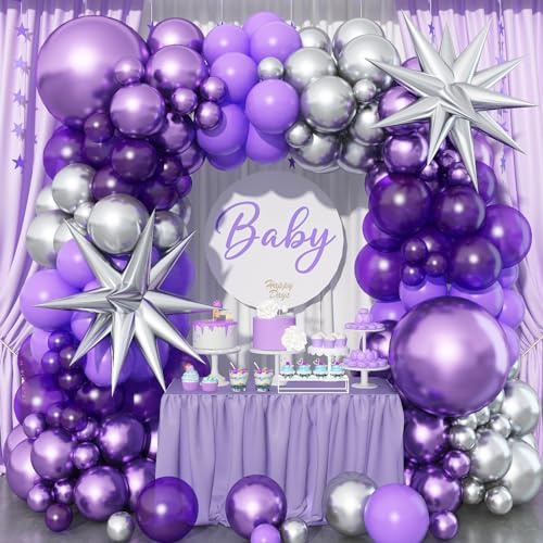 120 Stück Luftballon Girlande Dunke Lila mit 2 Sternballons, Ballons Girlande Pastell Lila und Metallic Lila Silber, Lila Luftballons für Mädchen Frauen Geburtstag Hochzeitstag Babyparty Party Deko